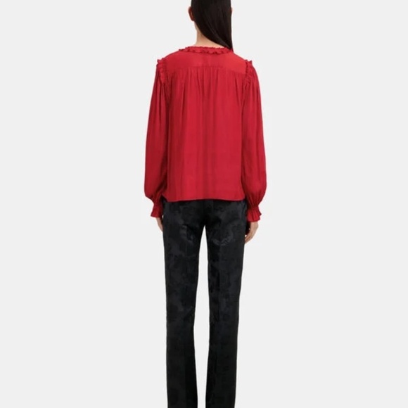 NWT | The Kooples | Red Satin V-Neck Long Sleeve Blouse with Ruffle Detail - Picture 2 of 6